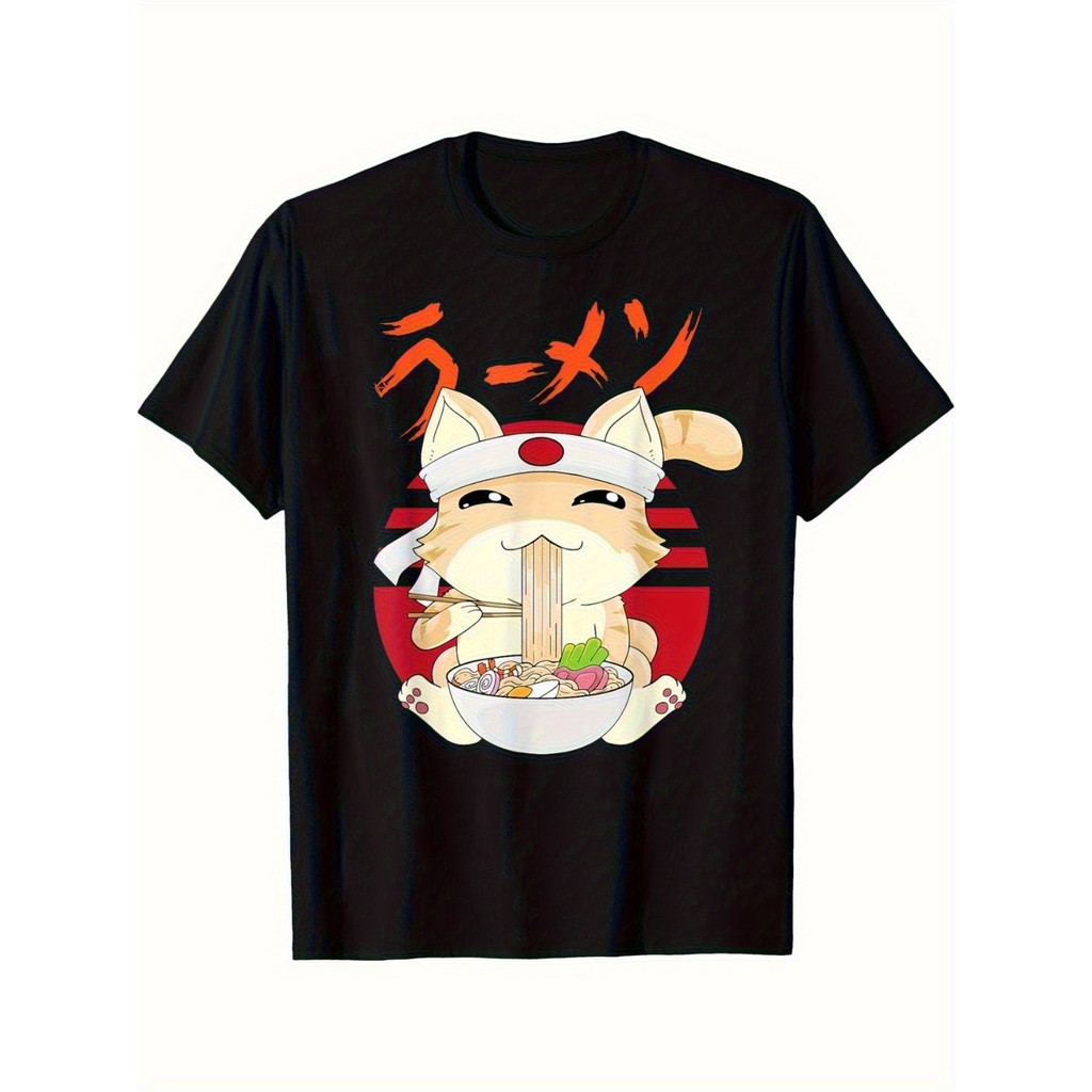 BR.Moonlight Camiseta Gato Noodles Japonês Texto Divertida Respiravel Confortável Fofa Casual