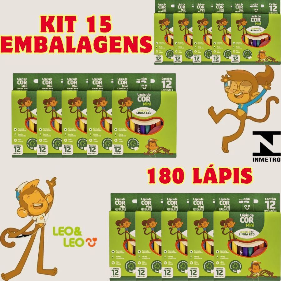 Kit 15 Embalagens 180 Lápis Mini Lápis de Cor Leo&Leo Linha Eco Escolar Para Colorir Papelaria