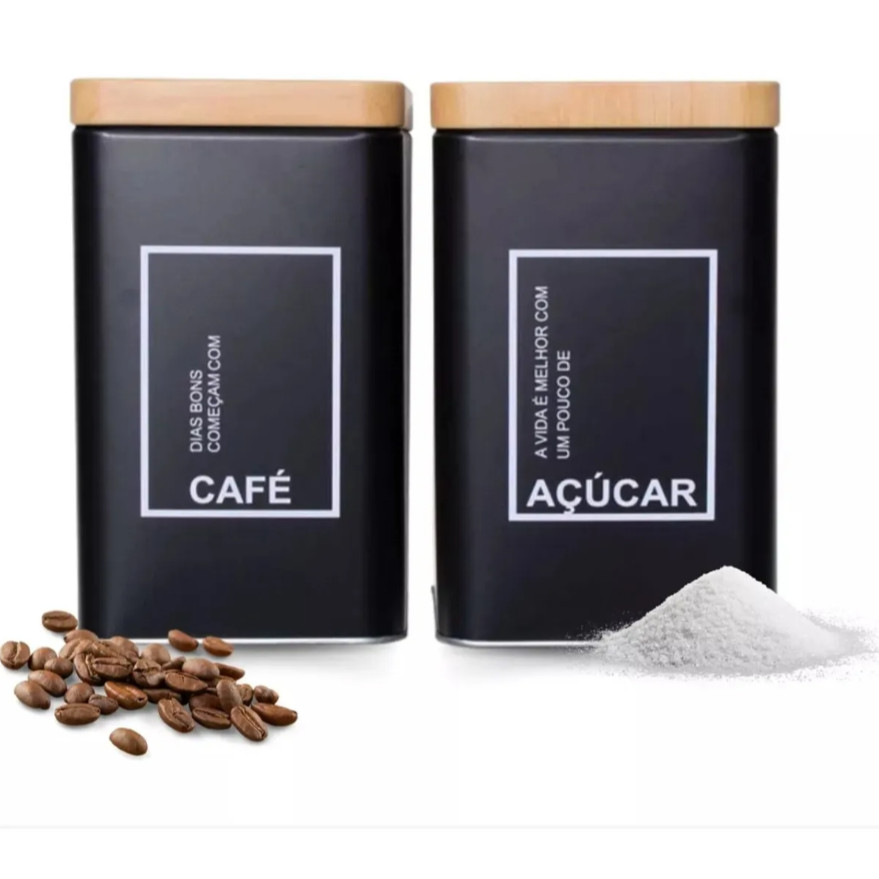 Kit  Lata Café Açúcar Pote Organizadores Tampa Amadeirada Preto Cozinha Moderna Decorativa em Oferta na Shopee