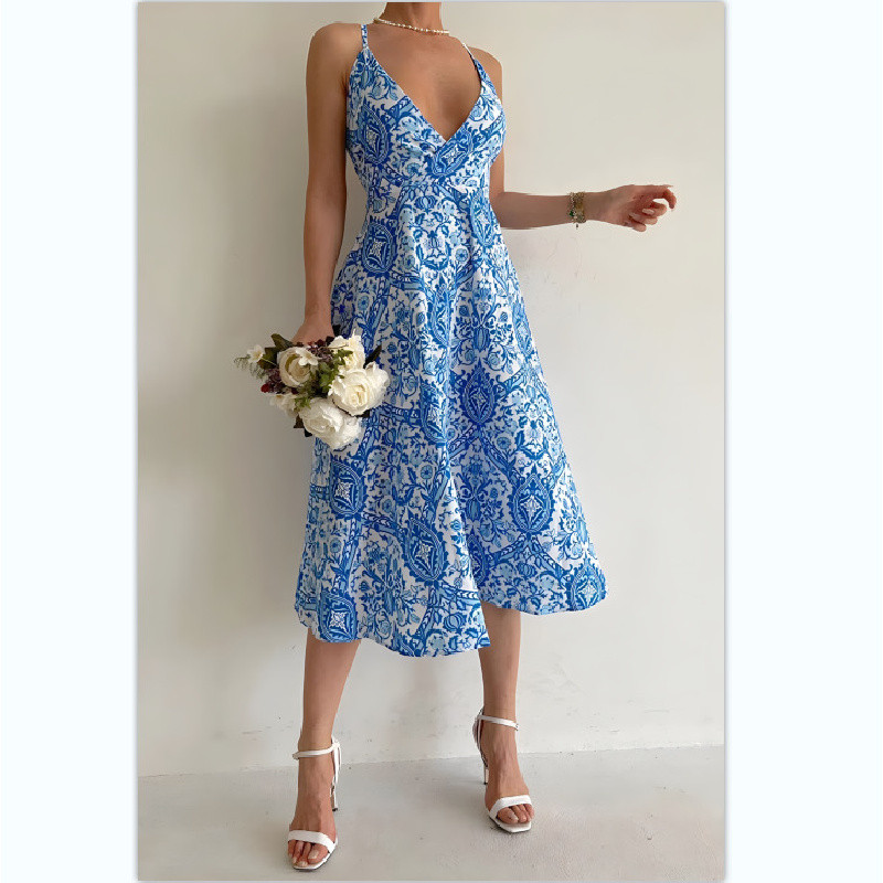 Novo vestido feminino Sexy impresso Halter rendas estilingue vestido longo vestido longo feminino