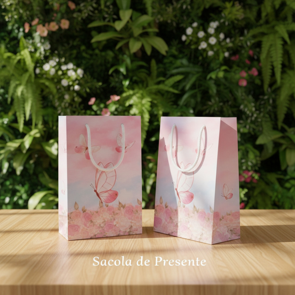Sacolinha Surpresa tamanho P 16x10cm - Tema personalizado JARDIM BORBOLETA - FLORAL ROSA