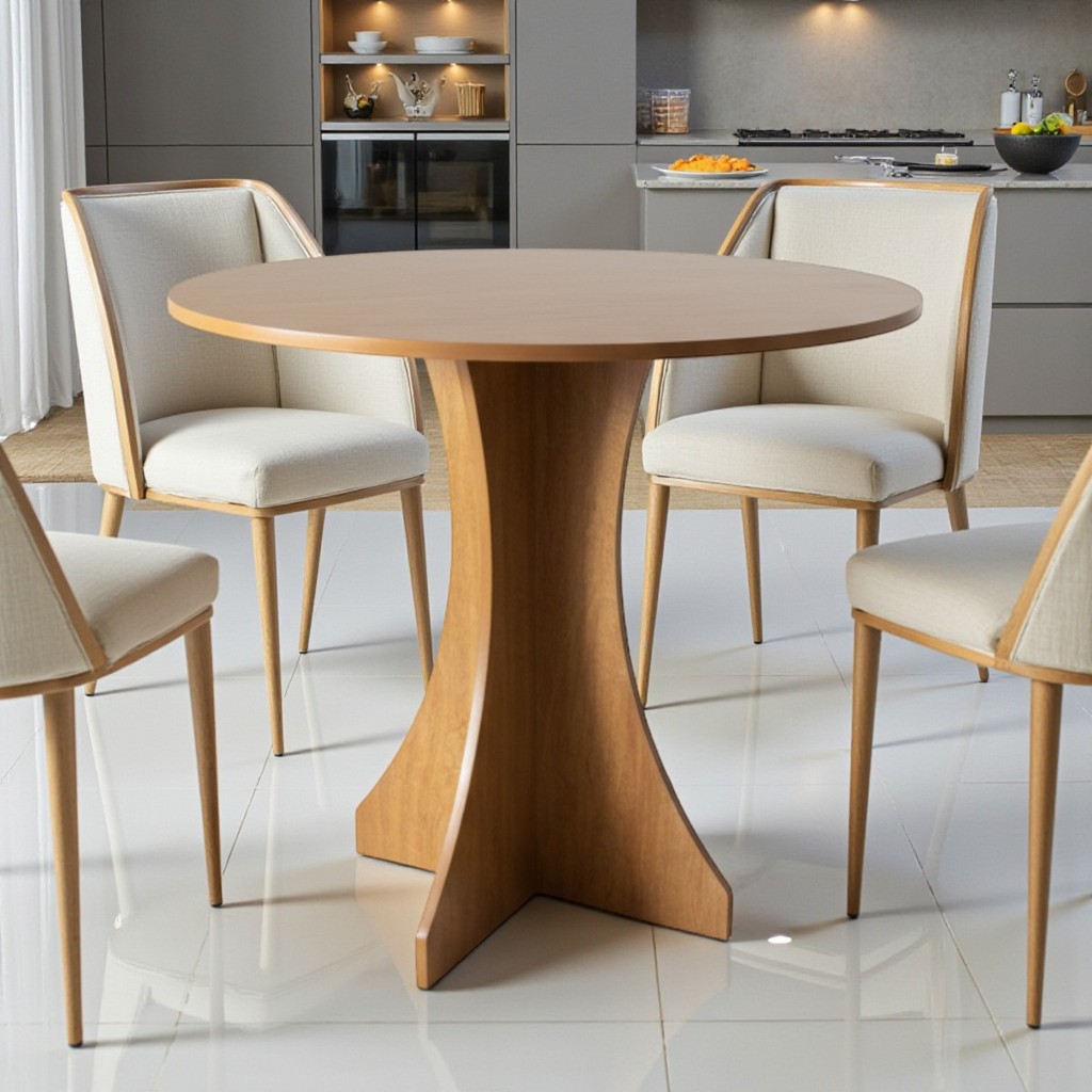 Mesa de Jantar Redonda Moderna Base Central Pedestal MDF Amadeirada Design Elegante Sala Jantar Cozinha Espaço Gourmet