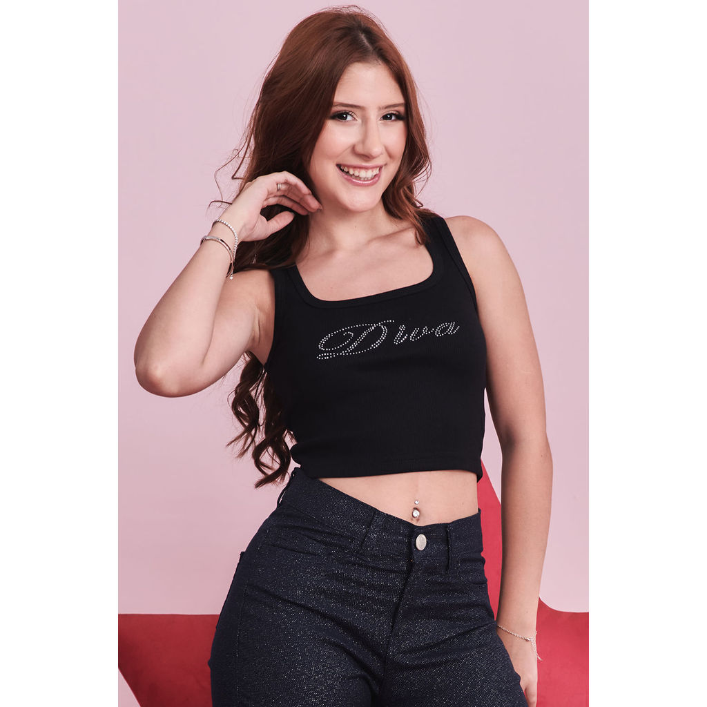 Regata Cropped Feminina Canelada Diva Planet Girls Preto