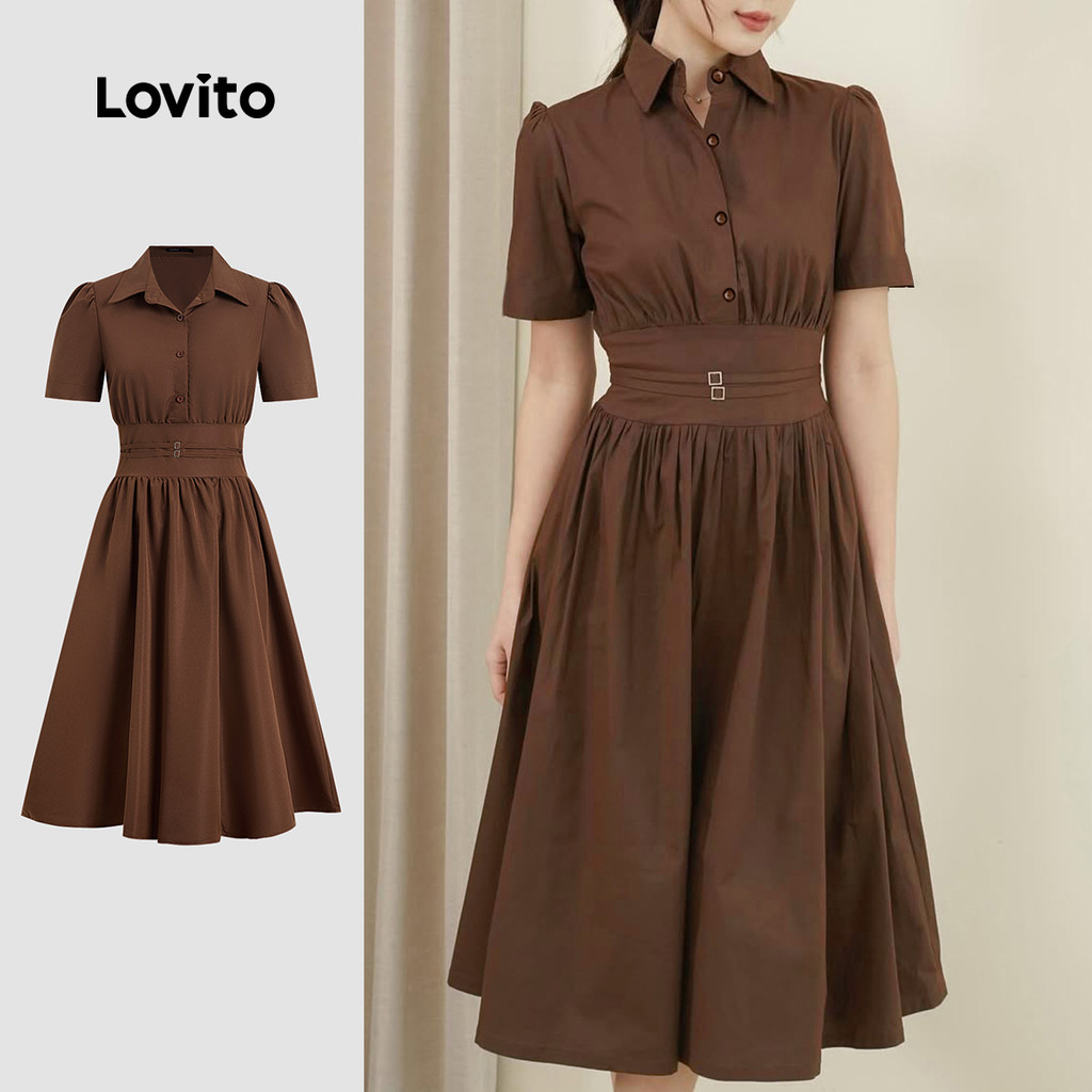 Lovito Vestido Marrom Simples de Botão para Mulheres Primavera/verão casual LK2ED1280 em Oferta na Shopee