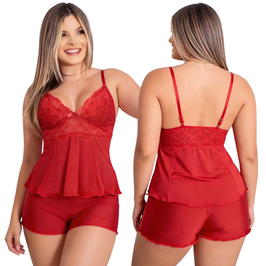 Baby Doll Feminino Pijama Linha Noite Short Doll Luxo Detalhe em Renda