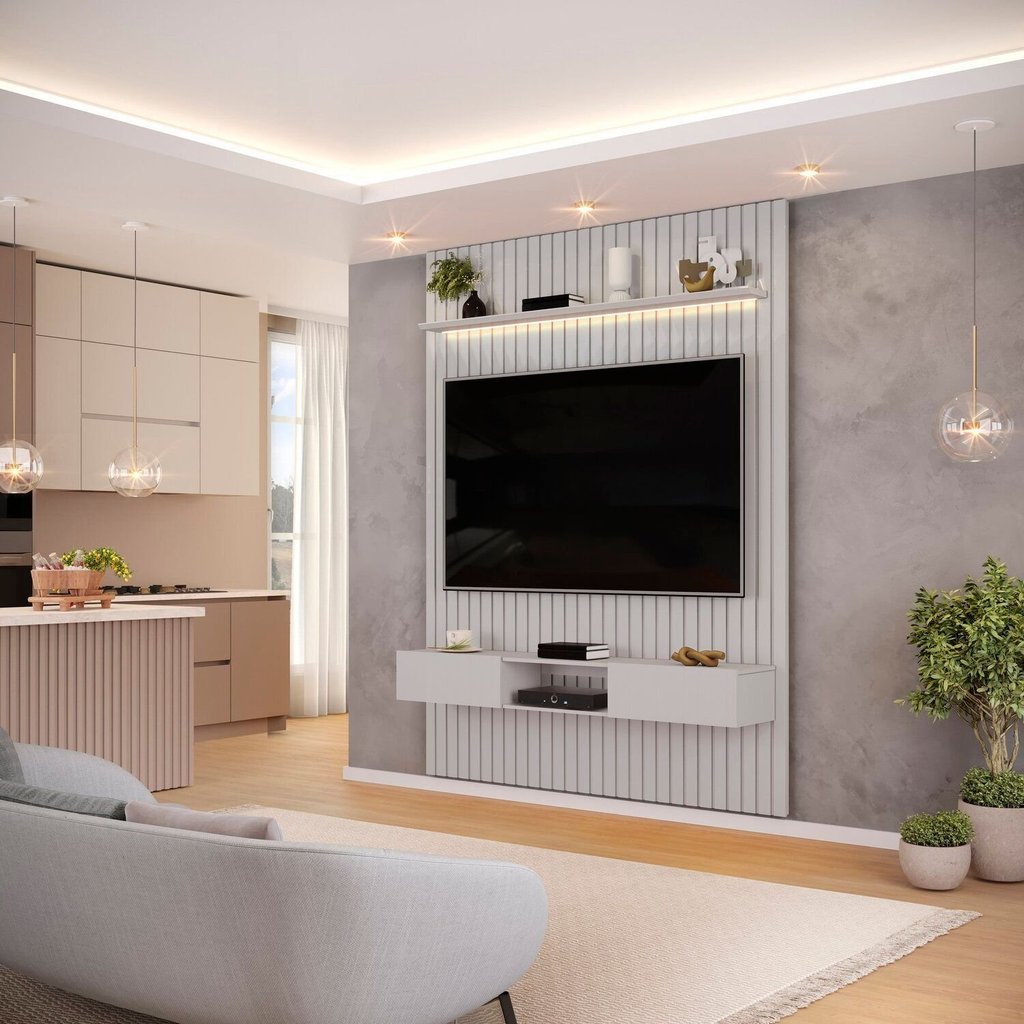 Painel Ripado para TV até 60 Polegadas com LED MDF 183cmx240cm Trento Cinza Bali Bali