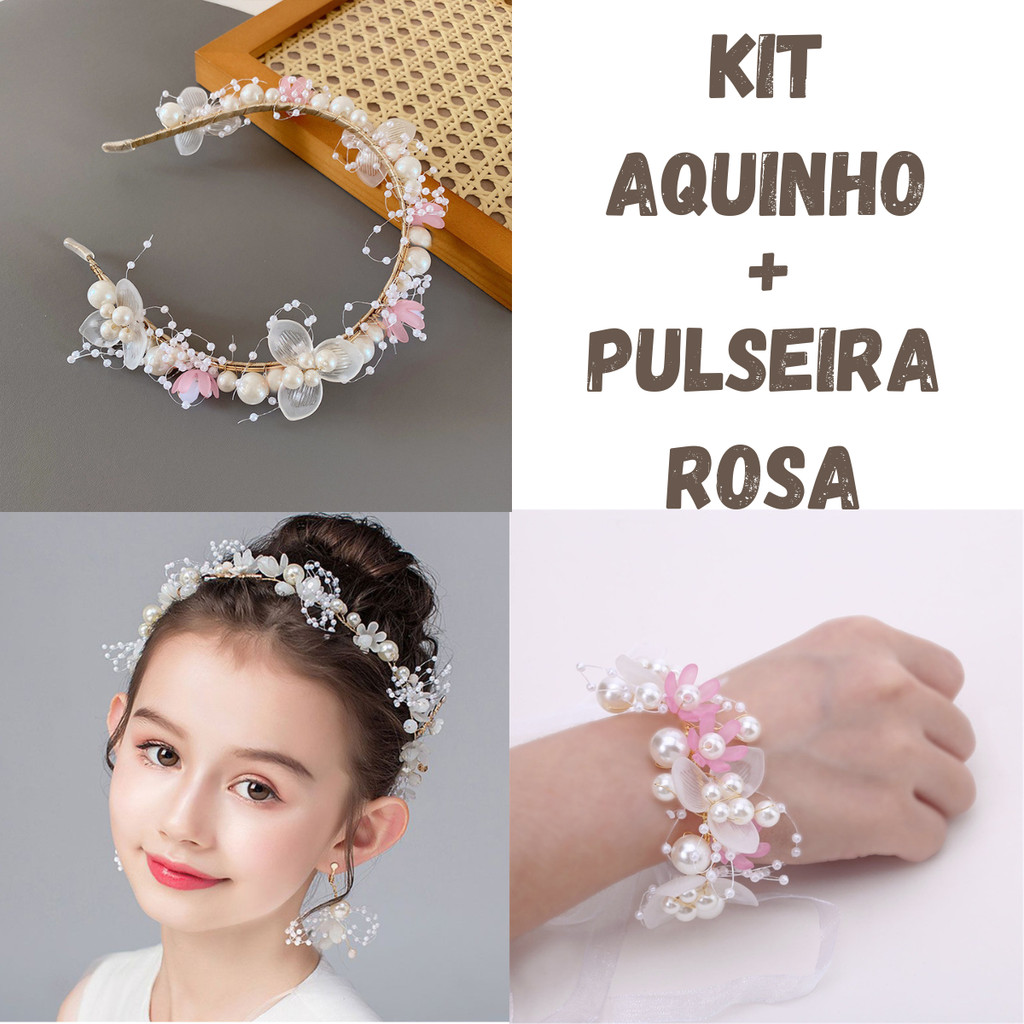 Kit Arquinho + Pulseira com Pérolas Estilo Princesa | Acessório Feminino para Festa, Casamento, Batizado e Daminha