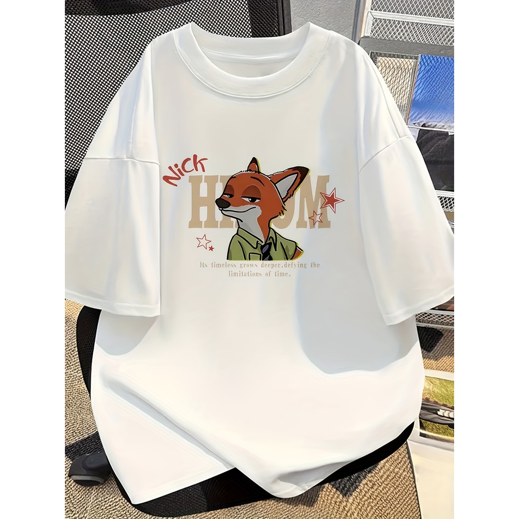 Camiseta Masculina Branca Raposa Cartoon Nick Hemm Casual Confortável Moderna Divertida Verão