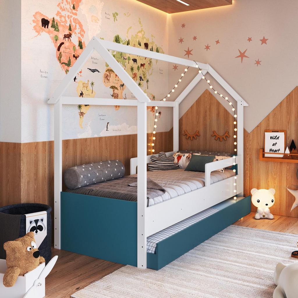 Cama Infantil Bicama Montessoriana Estilo Casinha 188x78cm com Proteção Lateral e Cama Auxiliar