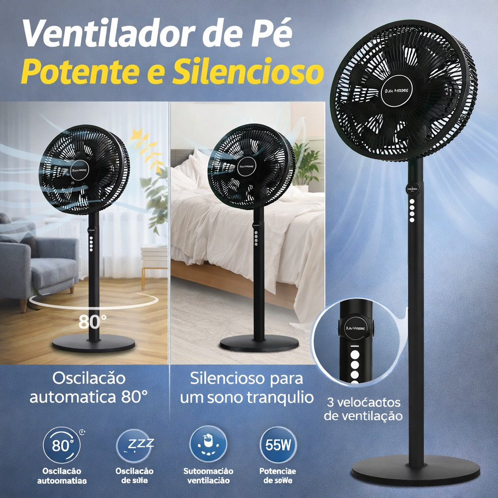 110V | Ventilador de Coluna 40cm 6 Pás Turbo | Oscilação Ampla + 3 Velocidades | Ventilação Rápida