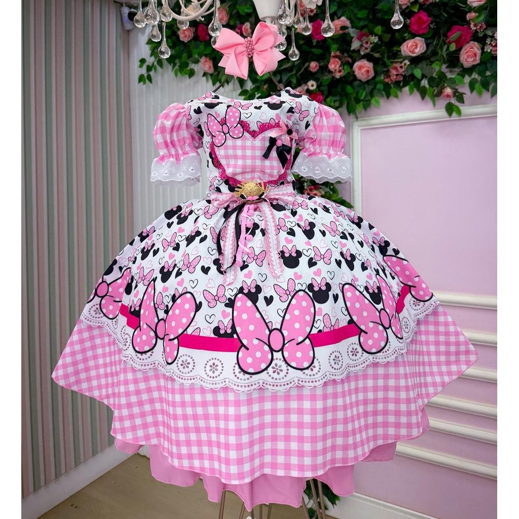 Vestido Junino Tematico Luxo Minnie/Minei Rosa