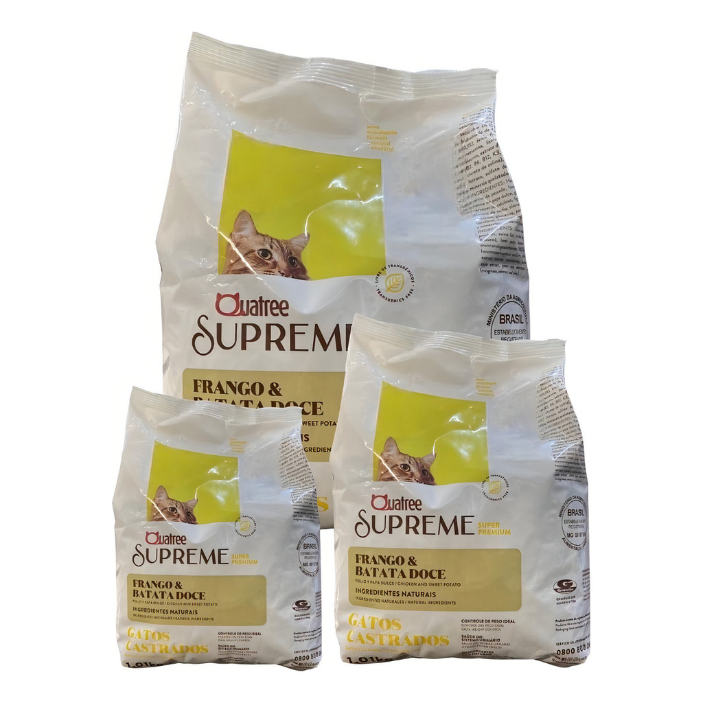 KIT - 3 Pacotes Ração Quatree Supreme Gatos Castrados Sabor Frango e Batata Doce - 1 kg em Oferta na Shopee
