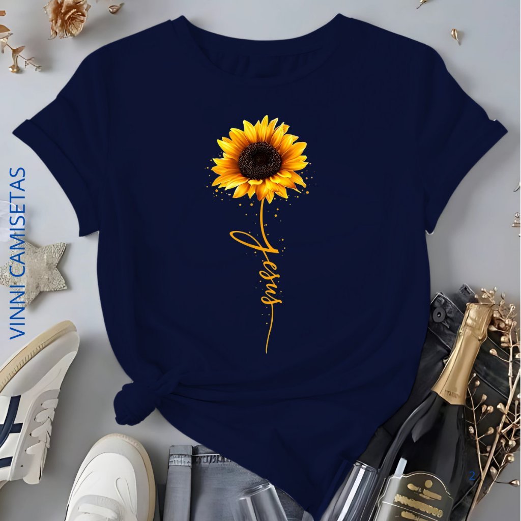Camiseta Feminina Girassol Jesus Blusinha 100% Algodão Religiosa Confortável Lançamento