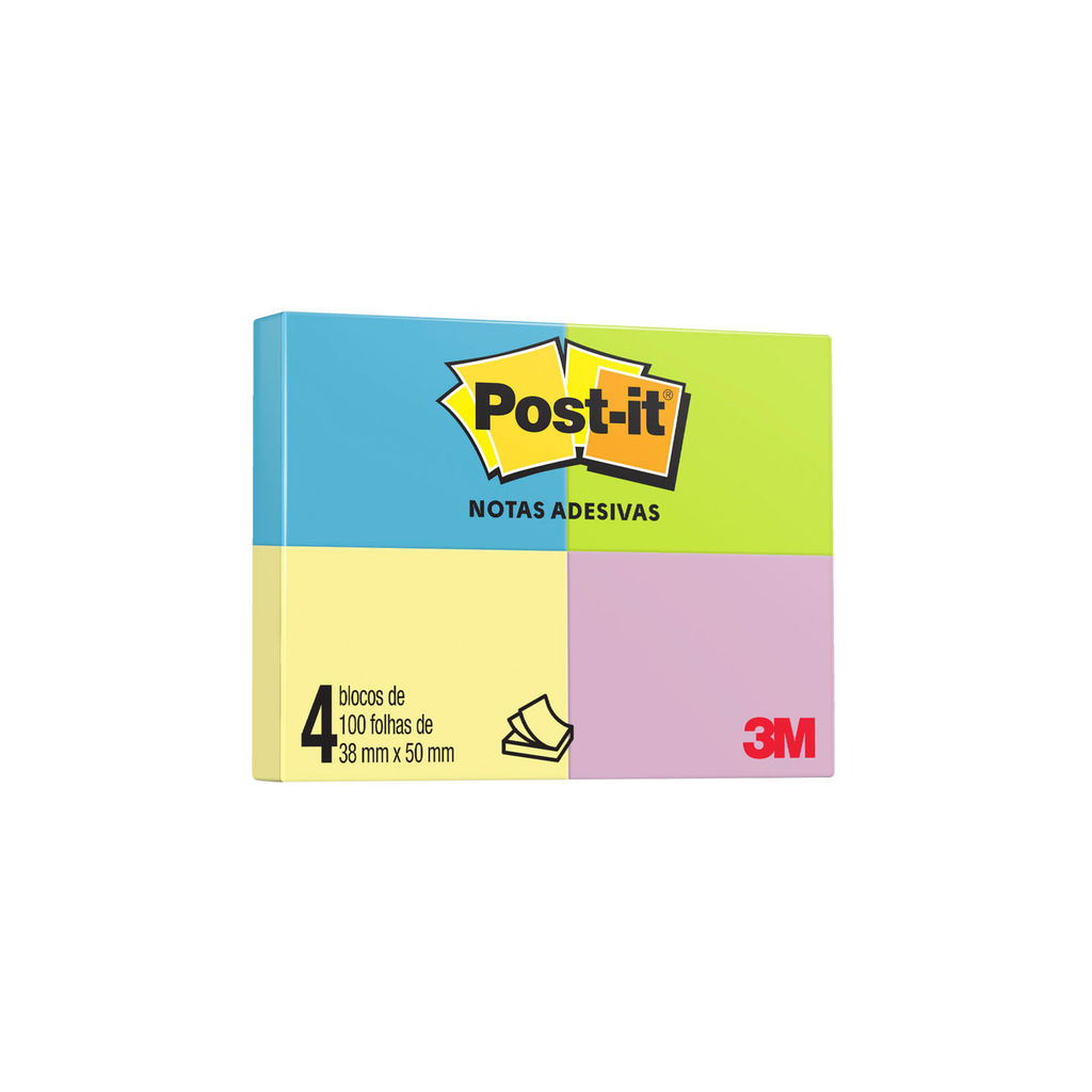 Bloco Adesivo Post It 3M Colorido 4 Blocos de 100 Folhas 38x50mm