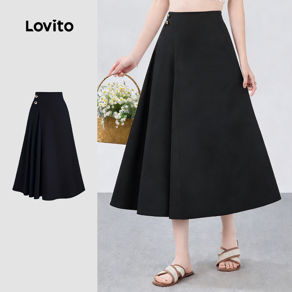 (NEW) Lovito Saias Elegantes Assimétricas Pregueadas para Viagem Primavera/verão Saias Pretas para Mulheres L178ED2118
