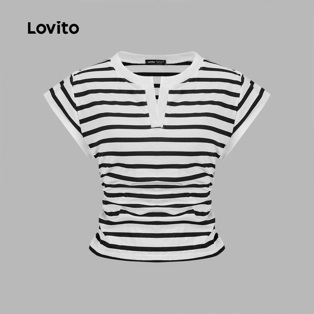 Lovito Camiseta Casual Listrada Franzida Para Mulheres LNE46342 em Oferta na Shopee