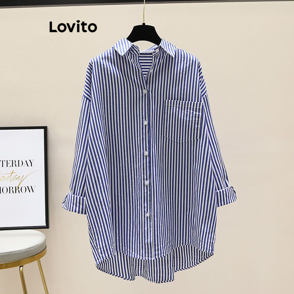 Lovito Blusa Casual Grande Caimento Solto Mangas Compridas Listrada Botão Outono Inverno Blusa Feminina LNL69188