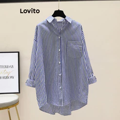 Lovito Casual Blusa Grande Caimento Solto Mangas Compridas Listrada Botão Outono Inverno Blusa Feminina LNL69188
