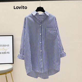 Lovito Casual Blusa Grande Caimento Solto Mangas Compridas Listrada Botão Outono Inverno Blusa Feminina LNL69188