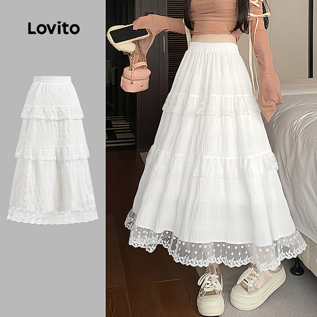 Lovito Saias casuais de renda lisa em camadas para mulheres L130AD050 em Oferta na Shopee