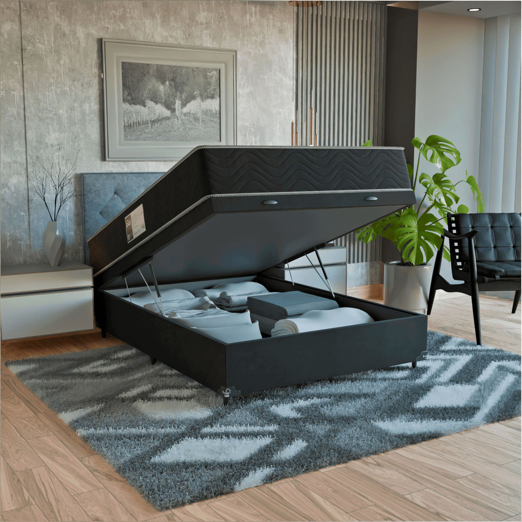 Cama Box Baú Casal + Colchão Prime Espuma D45 Suede Preto
