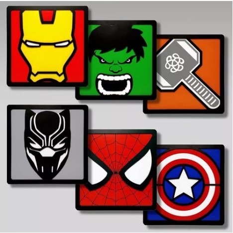 Kit Quadro Heróis - 6 Unidades Para Meninos homem de ferro home aranha hulk thor pantera negra quarto