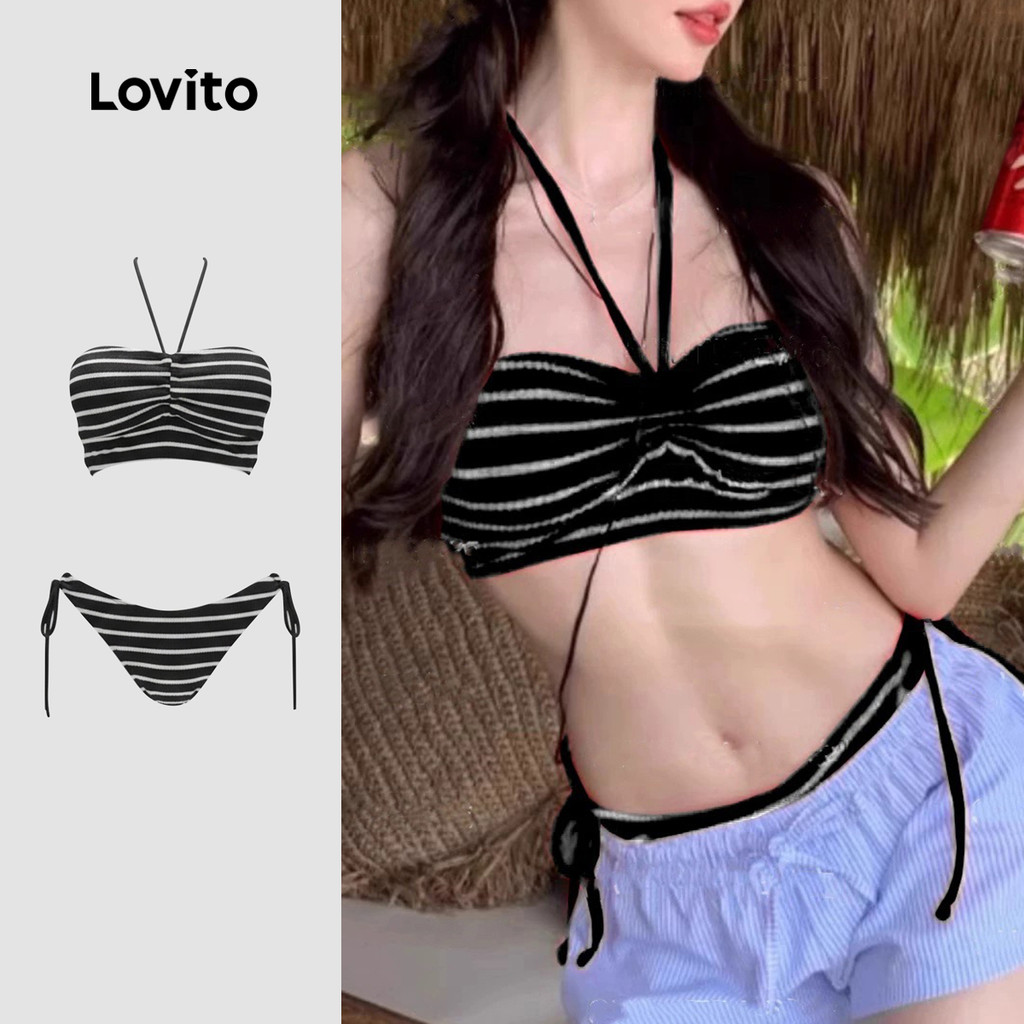 Lovito 2 Padrões de Amarrar Conjuntos de Biquíni Pretos para Mulheres LNE134X047