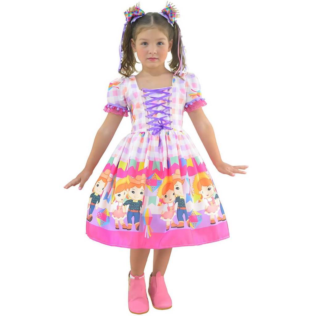 Vestido Festa Junina Rosa com Lilás - Meninas 6 Meses a 10 Anos