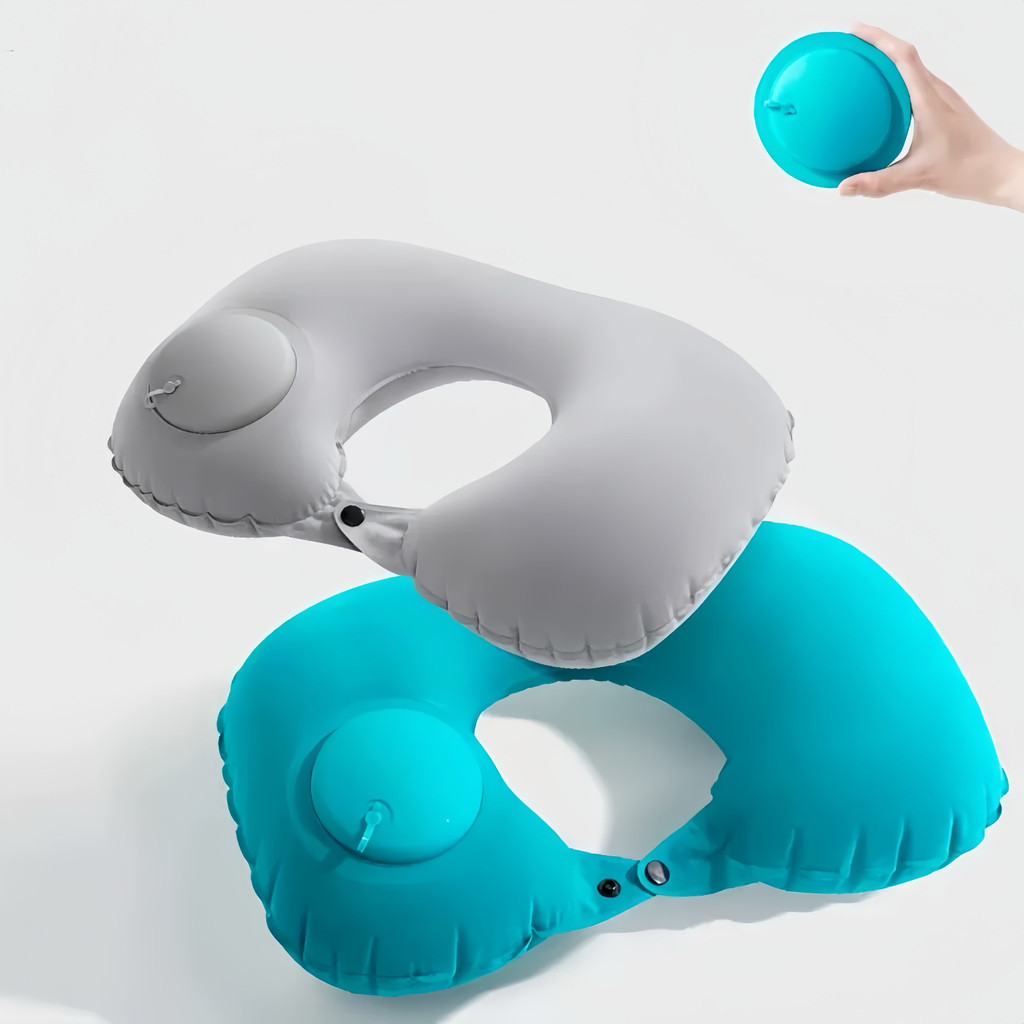 Travesseiro Inflável de Pescoço Portátil com Bomba Integrada, Compacto e Confortável para Viagem Avião Carro Camping