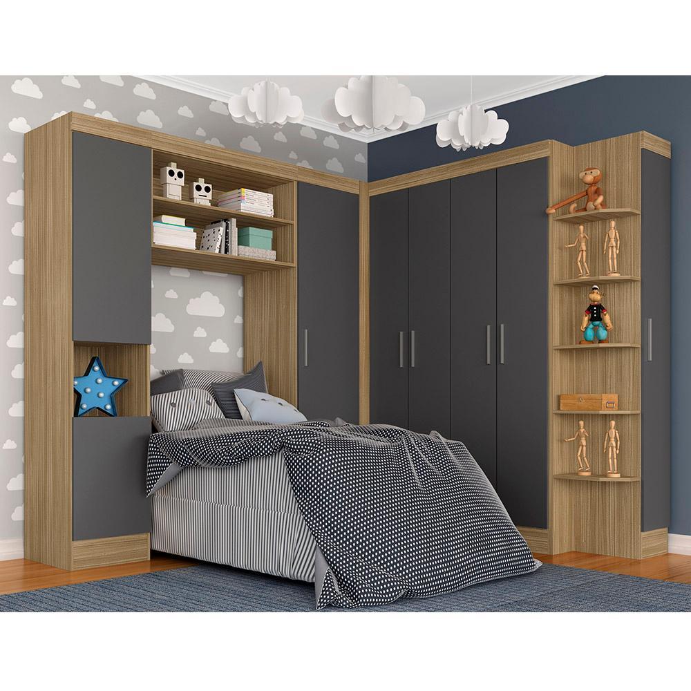 Guarda Roupa Modulado Sapateira Espaço para Cama Solteiro Andrea Boreal/Grafite - Móveis Arapongas em Oferta na Shopee
