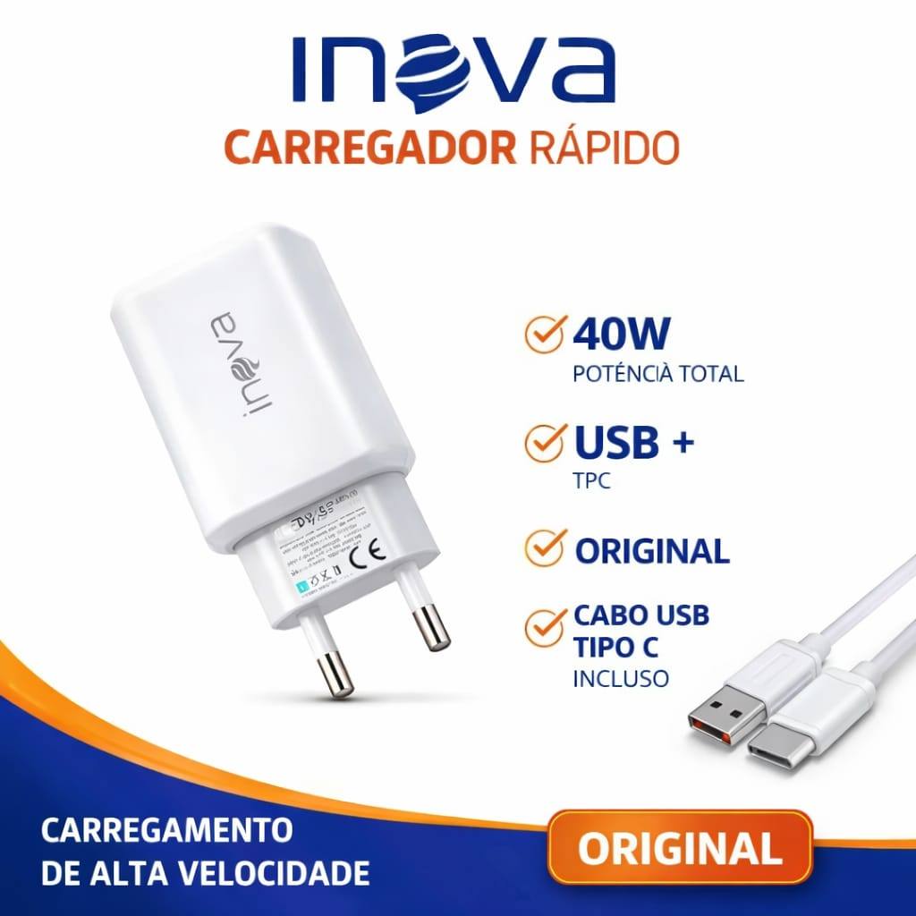 Carregador Turbo 40W Inova Original  2 Usb Com Cabo Tipo C De 1m Carga Rápida e Segura em Oferta na Shopee