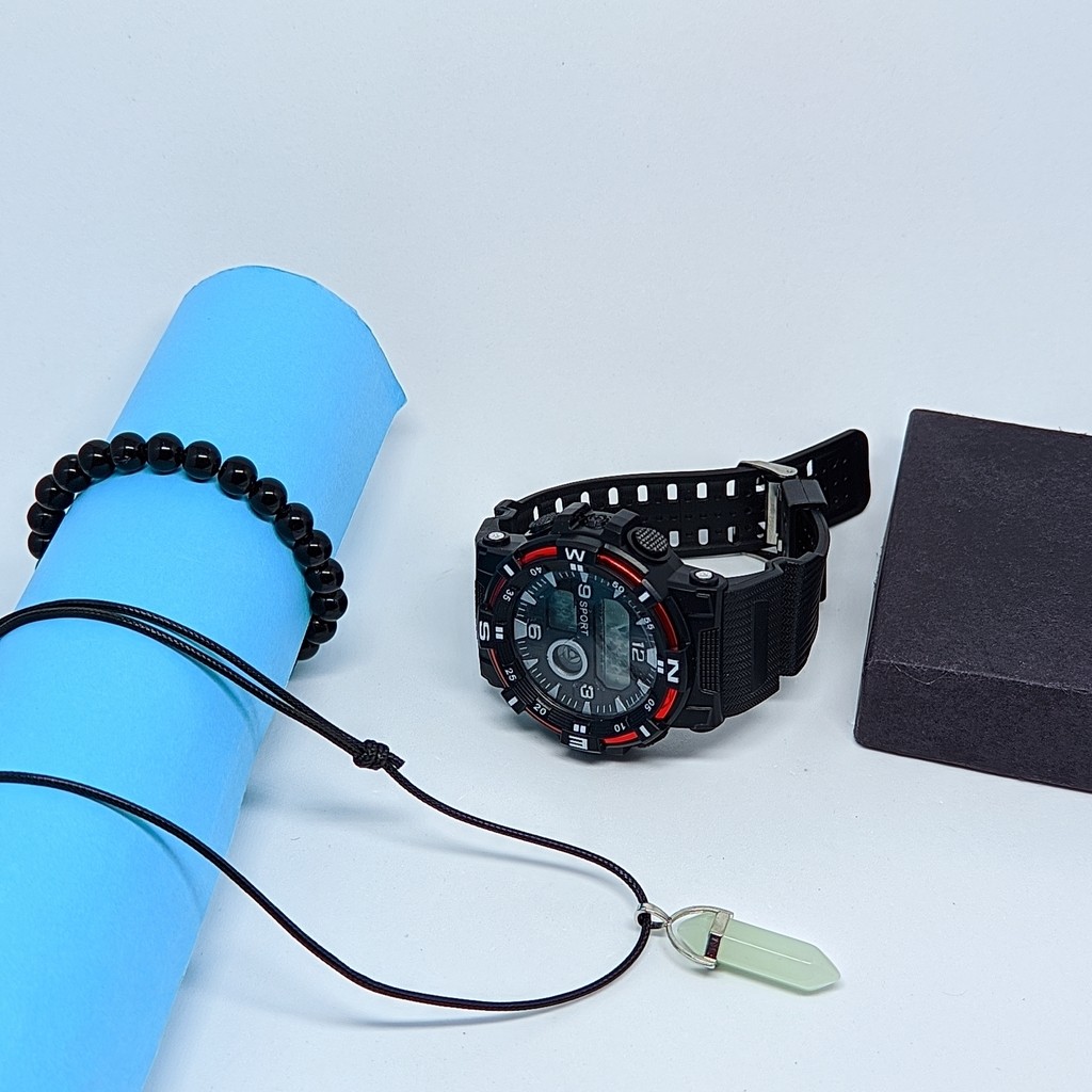 Kit Relógio Infantil tipo Militar Display grande Digital Hora Data Esporte + Colar Pedra cristal Pêndulo + Pulseira