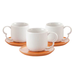 Jogo 4 Xícaras Porcelana Branco De Café Chá Com Pires de Bambu Madeira Oásis 90ml