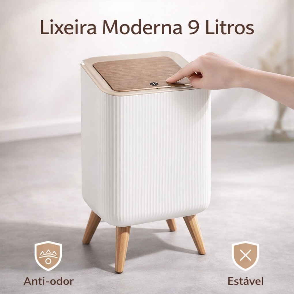 Lixeira 9L Moderna com Tampa de Pressão e Pés de Madeira | Design Elegante para Banheiro, Quarto e Escritório