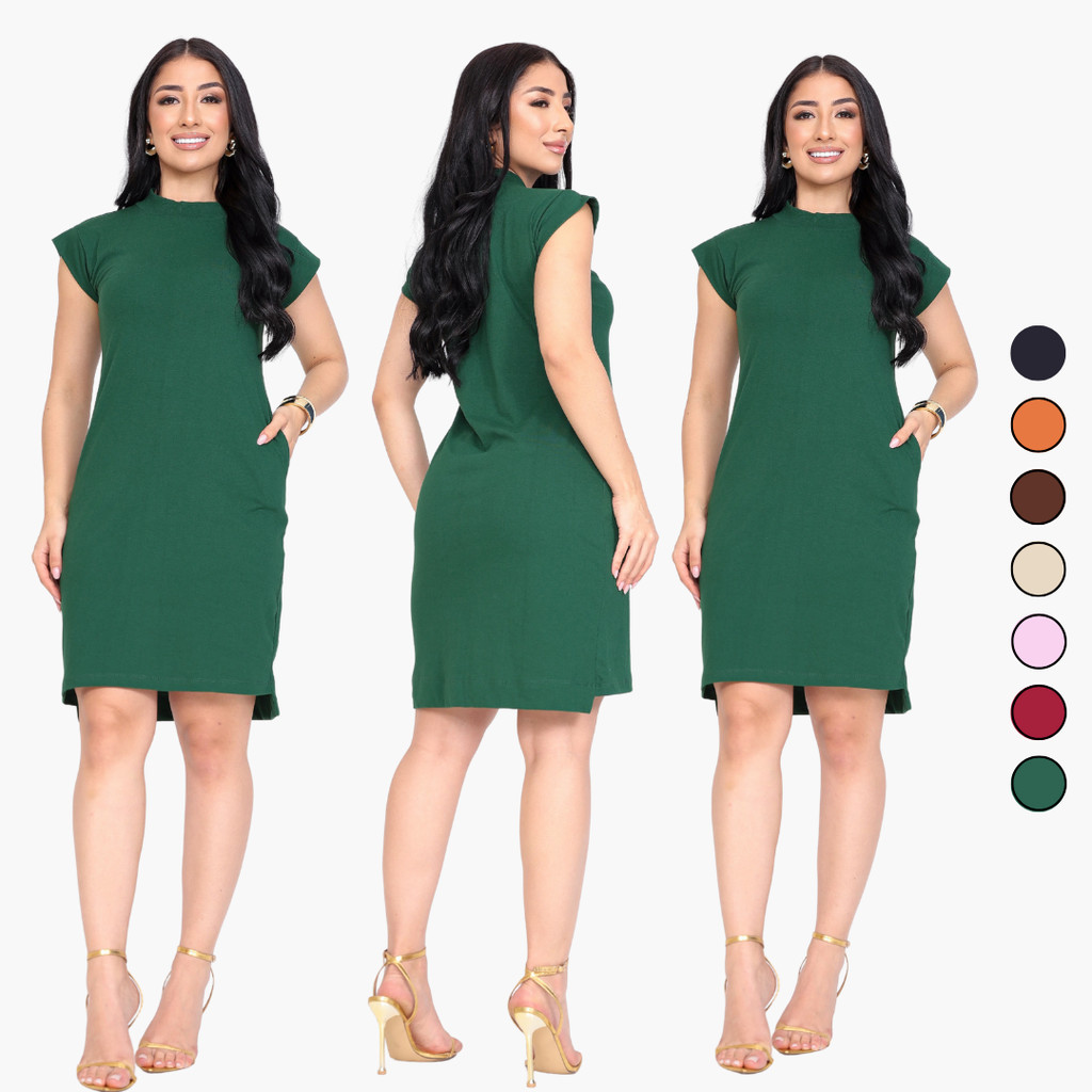 Vestidos Feminino Com Bolso Muscle Tee Tecido Algodão Liso Estilo Básico em Oferta na Shopee