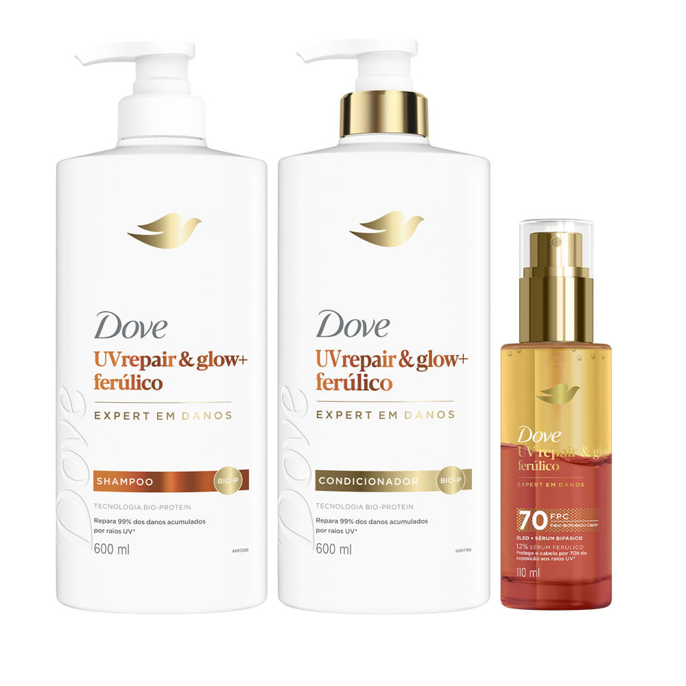 Kit Dove Uv Repair & Glow + Ferúlico Shampoo 600ml + Condicionador 600ml + Óleo 110ml em Oferta na Shopee