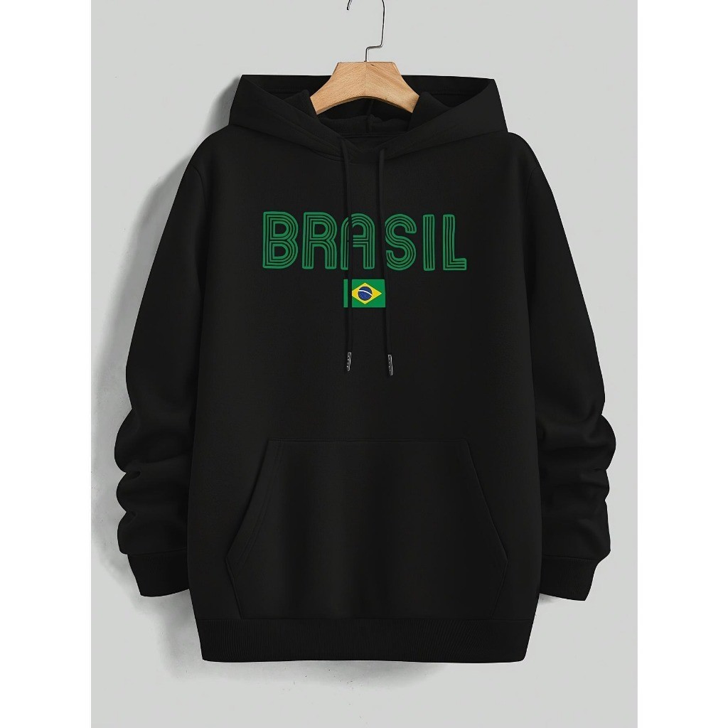 Blusa De Frio Moletom Canguru Com Capuz Estampada BrasiL Unissex Manga Longa Algodão Inverno