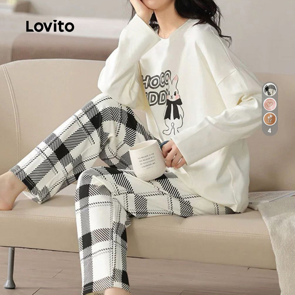 Lovito Conjunto de Pijama Casual 2 Peças Manga Longa Calça Coelho Branco Elegante Confortável para Mulheres LNE126008 em Oferta na Shopee
