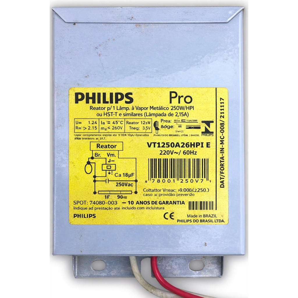 REATOR DESCARGA PHILIPS METÁLICO VAPOR 250W VTI250A26HPI E - ORIGINAL ALTA PERFORMANCE PARA ILUMINAÇÃO PROFISSIONAL