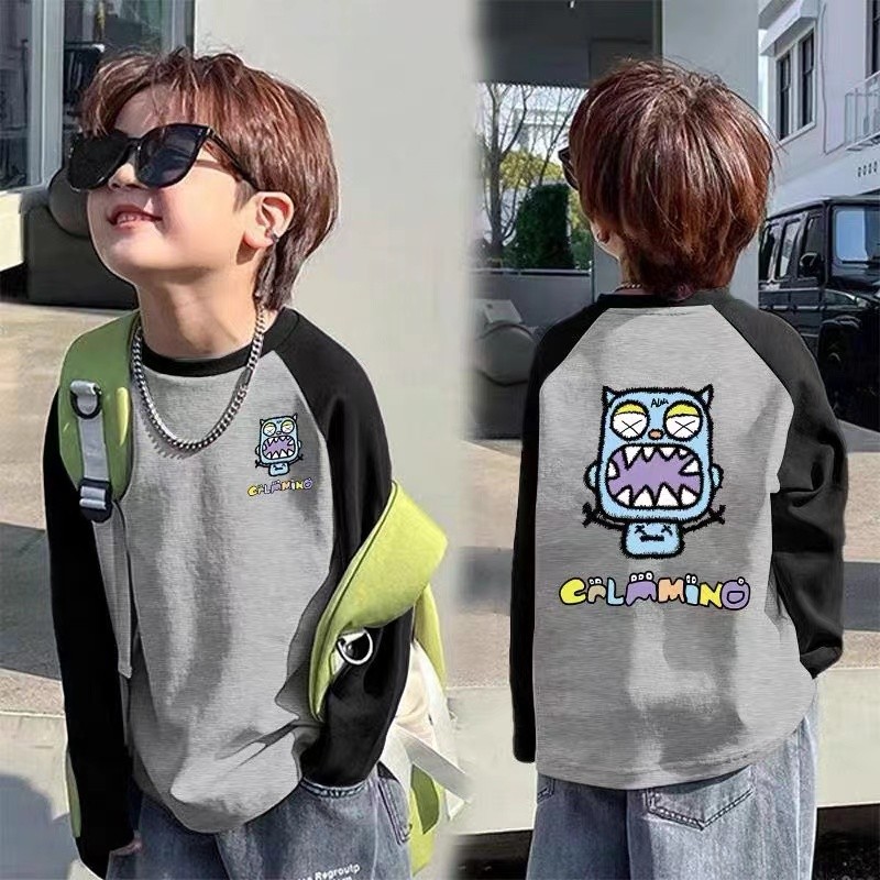 Meninos puro algodão manga comprida camiseta 2025 outono novo estilo moda cor-bloqueando topos médio grande crianças pri