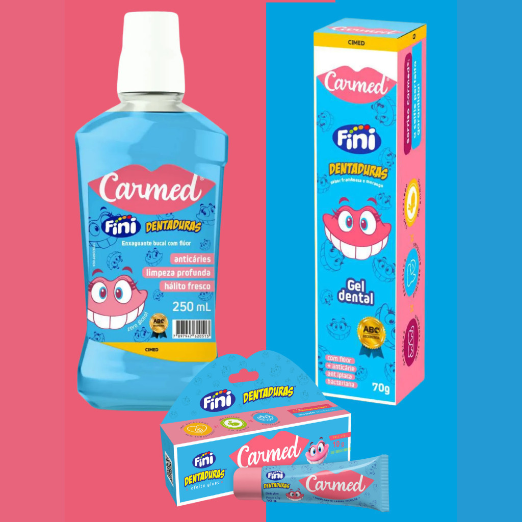 Kit saude bucal infantil Dentaduras  - 1 Fini Dentaduras Hidratante labial, 1 Enxaguante e 1 Gel Dental