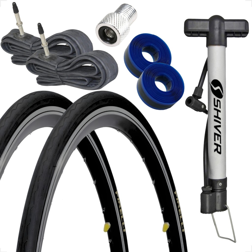Par Pneu Bicicleta Pirelli Tornado Alfa 700 X 25 Camaras Bico fino Bombinha adaptador fita antifuro