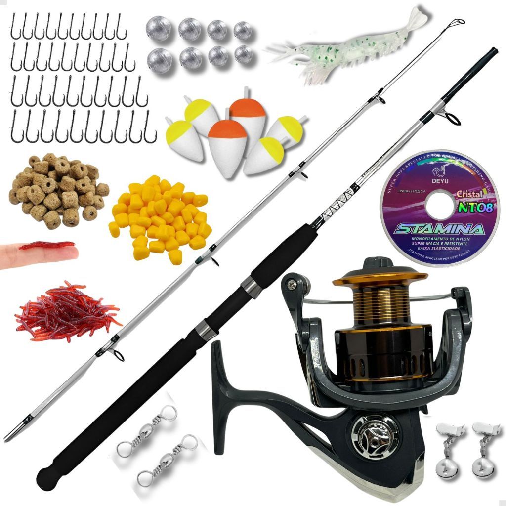 Kit de Pesca Completo Vara 1,65m Fibra Vidro Maciça e Molinete Grande 6000 14kg Alumínio e Acessório em Oferta na Shopee