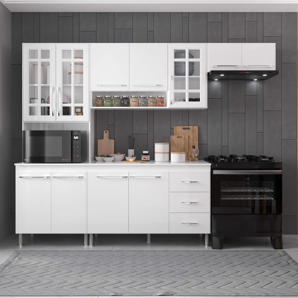 Cozinha Modulada Compacta Fidelitá Viena 4 Peças 260cm 11 Portas 3 Gavetas Com Tampo Branco