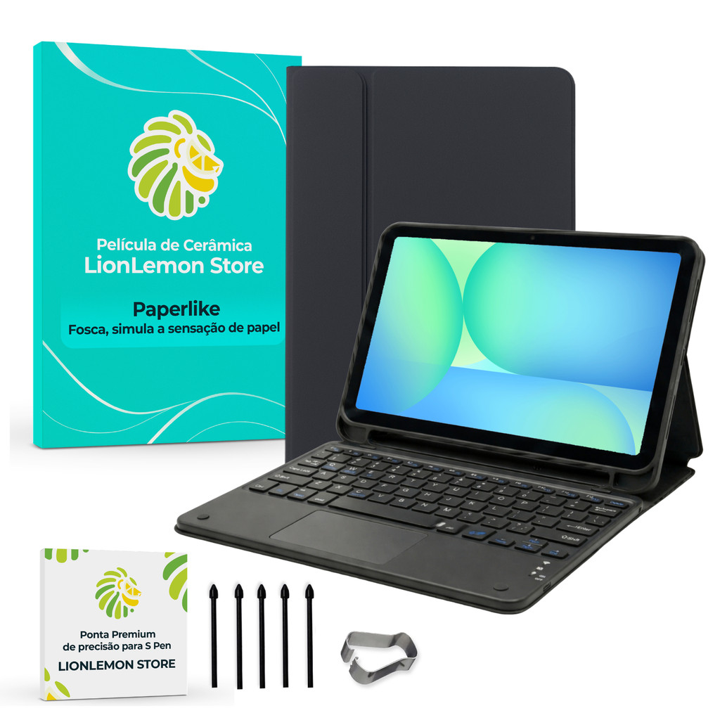 Kit Capa Preta Noir Luxe para Samsung Galaxy Tab S10 FE, Pontas para SPen, Pelíc