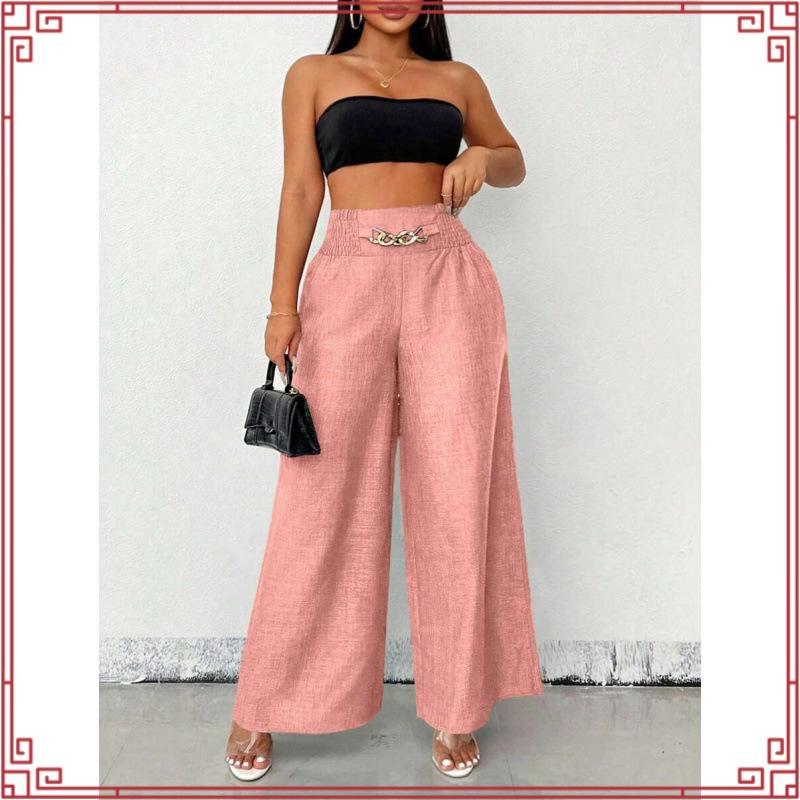 Calça Pantalona De Linho Com Cinto Fake e Cintura Alta e Bolsos