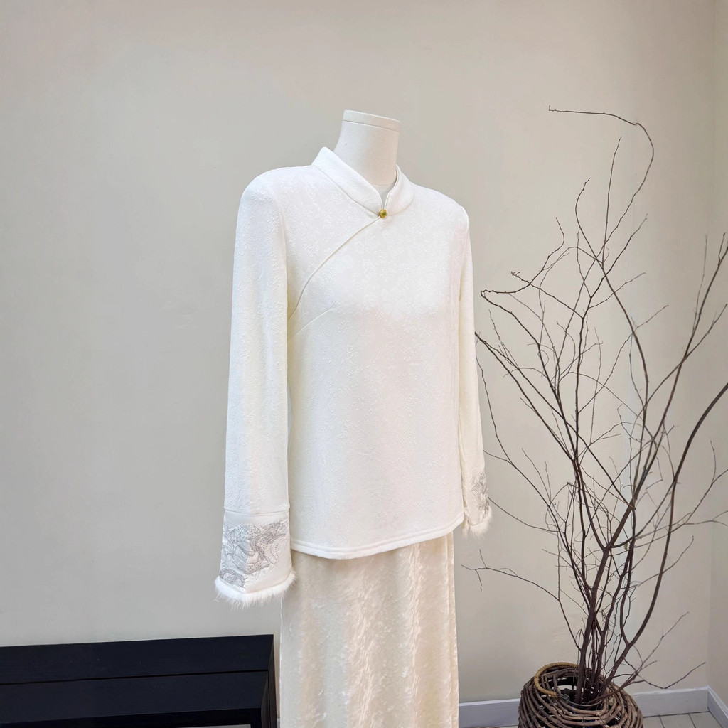 Novo estilo chinês forro de lã camisa de fundo 2025 outono All-Match topo Plus Size feminino outono inverno quente inter