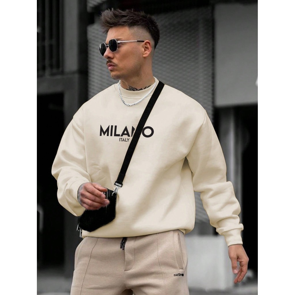 Moletom Milano Blusa de Frio Gola Redonda Masculino Feminino Estampado Casual Ombro Caído Inverno Branco Bege Preto