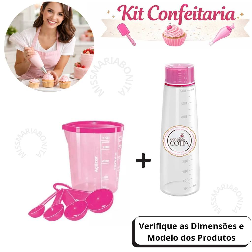 Kit Confeitaria Regador Bisnaga + Copo Medida Certa (400ml) com tampa + 4 colheres medidoras
