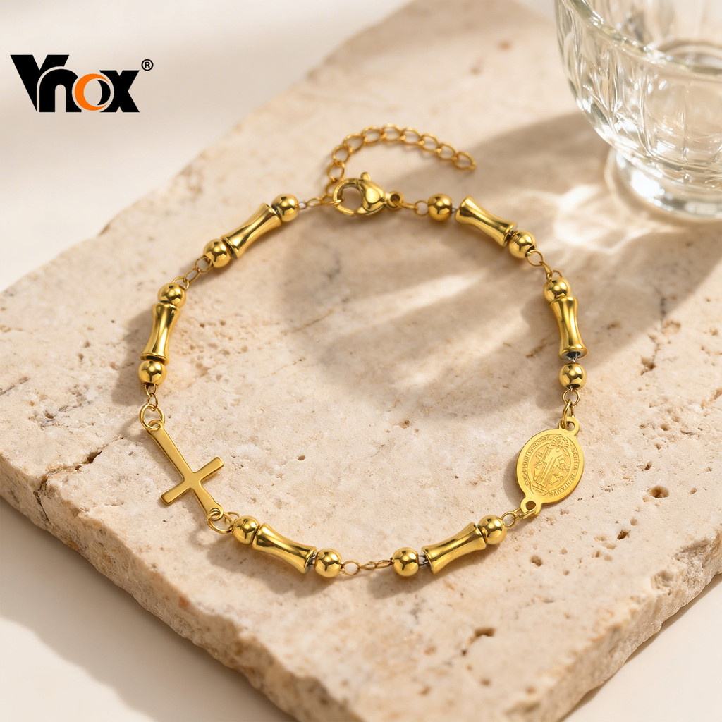 Pulseira de Cruz de São Bento Com Contas de Bambu de Aço Inoxidável Vnox Para Mulheres , Pulseiras Hipoalergênicas de Ou